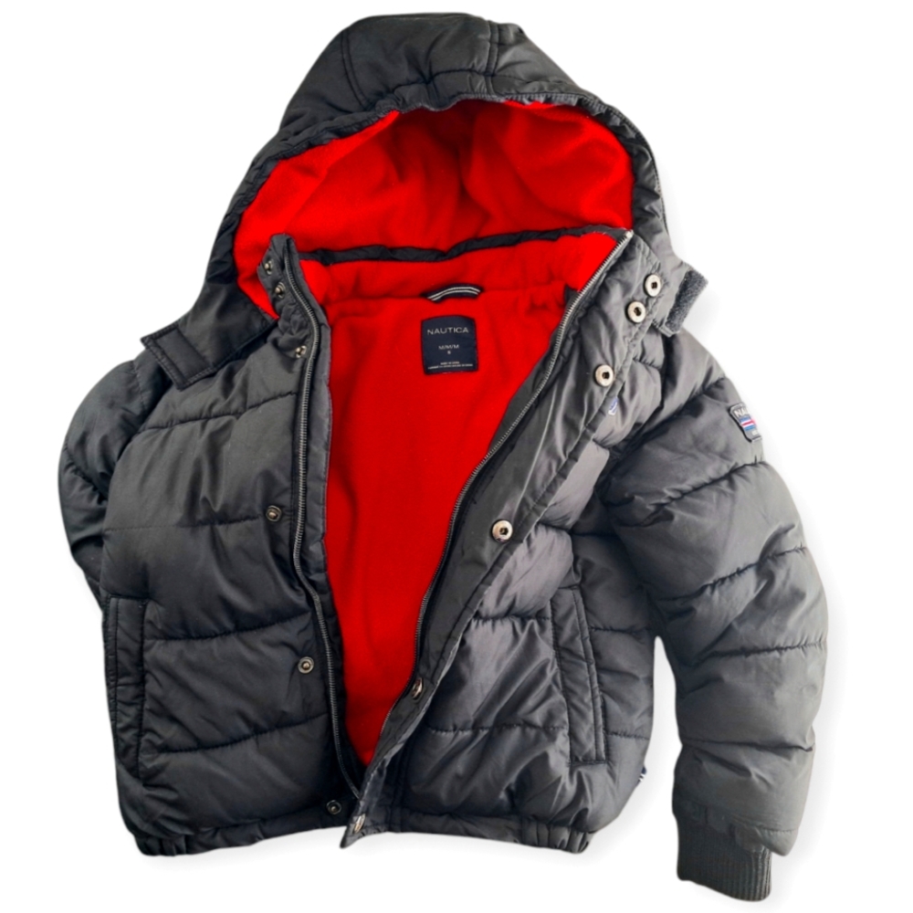 Nautica Hooded Black and Red Puffer Winter Coat for Boys